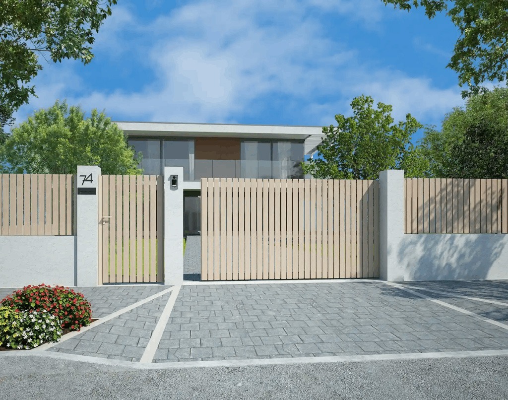 Voiture devant un portail coulissant sécurisé au design contemporain pour une maison à Saint-Priest